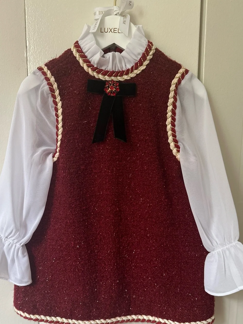 Luxelim Girls Burgundy Tweed Pinafore Dress with Velvet Bow Accent